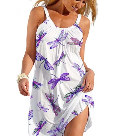 Women's Summer Casual Halter Sleeveless Dress Colorful Print Flowy Spaghetti Strap Beach Tank Sundress White Dragonfly $16.42...