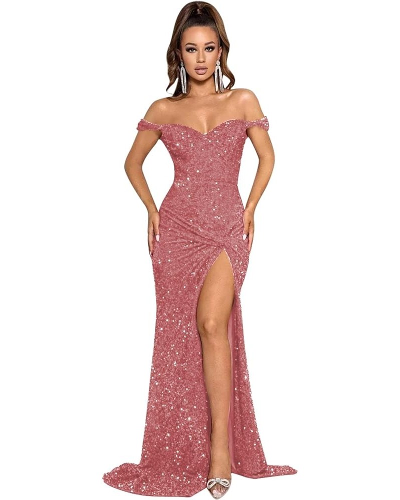 Women's Off The Shoulder Mermaid Prom Dresses 2024 Sequin Long Evening Formal Party Gowns with Slit Dusty Rose $34.10 Dresses