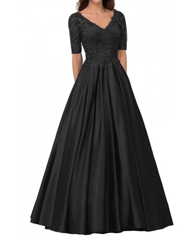 Long Formal Dresses Satin Mother of The Bride Dresses Lace Appliques Evening Dress V-Neck Black $40.02 Dresses