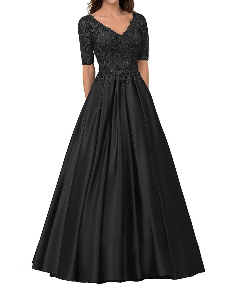 Long Formal Dresses Satin Mother of The Bride Dresses Lace Appliques Evening Dress V-Neck Black $40.02 Dresses