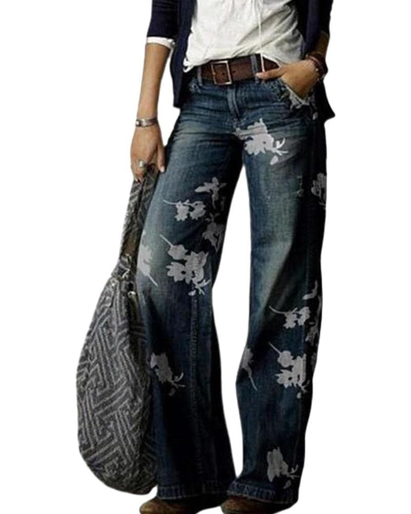 Women Denim Pants Waist Floral Wide Leg Trousers Loose Jeans Work Blue $21.75 Jeans