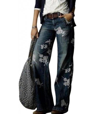 Women Denim Pants Waist Floral Wide Leg Trousers Loose Jeans Work Blue $21.75 Jeans