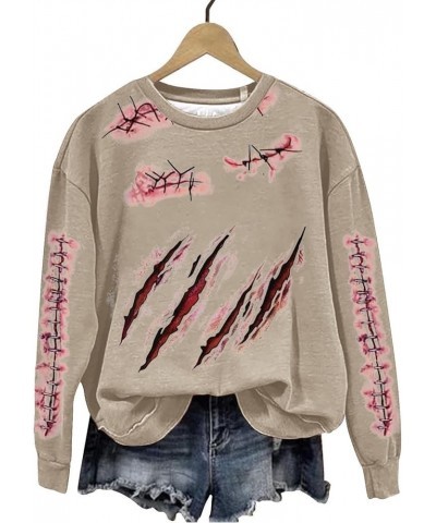 Women’s Fashionable Round Neck Casual IT’S JUST A SCRATCH Bloody Print Long Sleeve Top Extra Large Sweatshirts Khaki-b $5.14 ...