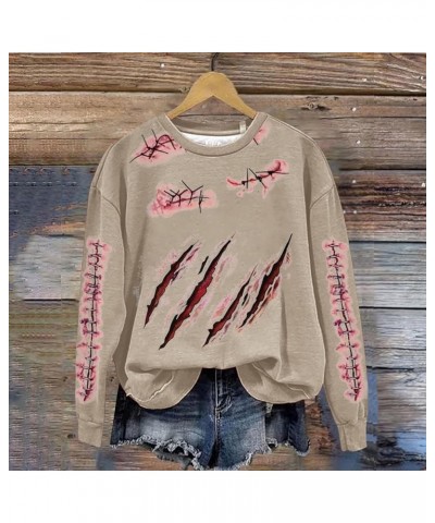 Women’s Fashionable Round Neck Casual IT’S JUST A SCRATCH Bloody Print Long Sleeve Top Extra Large Sweatshirts Khaki-b $5.14 ...