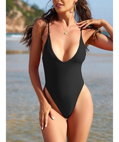 Women's One Piece Swimsuits Sexy V Neck Bathing Suit Open Back High Cut Swimwear Black $15.39 Swimsuits