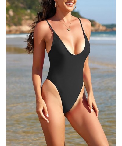 Women's One Piece Swimsuits Sexy V Neck Bathing Suit Open Back High Cut Swimwear Black $15.39 Swimsuits