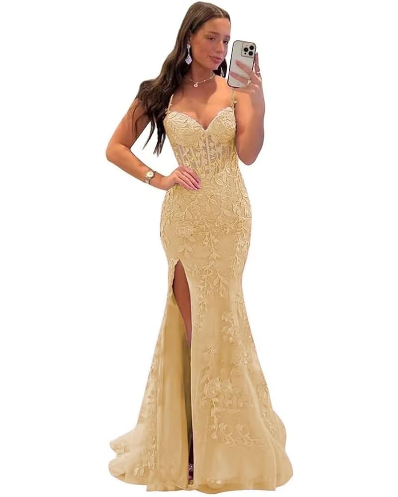 Elegant Lace Applique Mermaid Prom Dresses with Slit Spaghetti Straps Formal Dresses Tulle Party Gowns Gold $39.48 Dresses