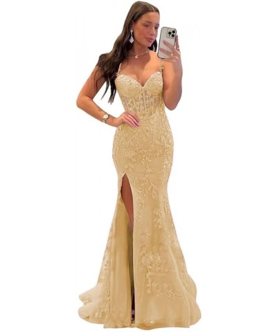 Elegant Lace Applique Mermaid Prom Dresses with Slit Spaghetti Straps Formal Dresses Tulle Party Gowns Gold $39.48 Dresses