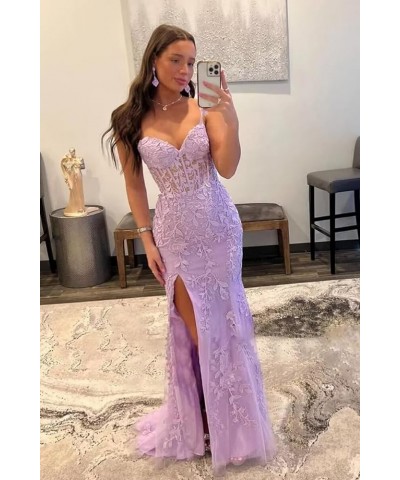 Elegant Lace Applique Mermaid Prom Dresses with Slit Spaghetti Straps Formal Dresses Tulle Party Gowns Gold $39.48 Dresses