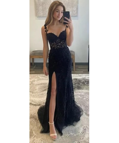 Elegant Lace Applique Mermaid Prom Dresses with Slit Spaghetti Straps Formal Dresses Tulle Party Gowns Gold $39.48 Dresses