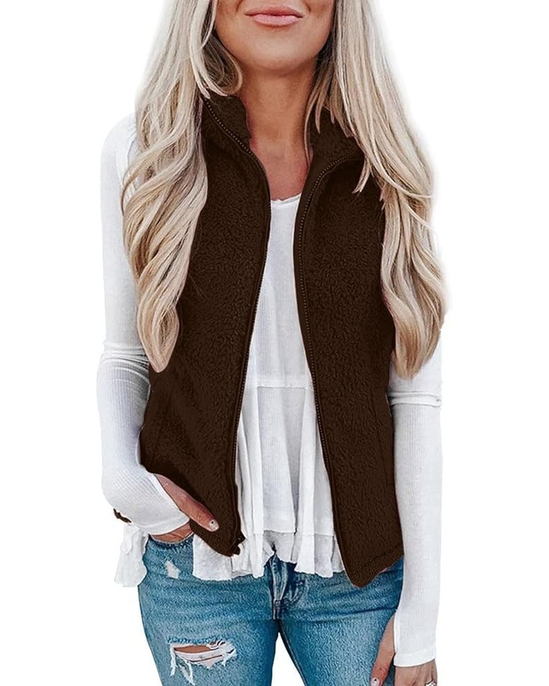 Women's Hooded Vest Plush Zip-Up Fleece Jacket Plus Size Casual Solid Color Sweatshirt Fuzzy Warm Jackets Brown $11.44 Vests