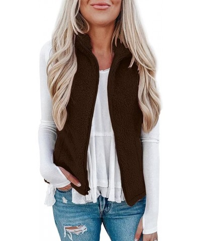 Women's Hooded Vest Plush Zip-Up Fleece Jacket Plus Size Casual Solid Color Sweatshirt Fuzzy Warm Jackets Brown $11.44 Vests