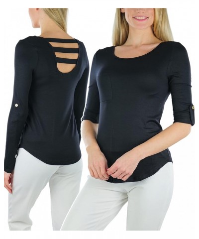 Junior Women's Slim Fit Long Sleeve Crew Neck Layering Cotton Top Ladder-back W/ Front Pocket - Black $9.51 T-Shirts