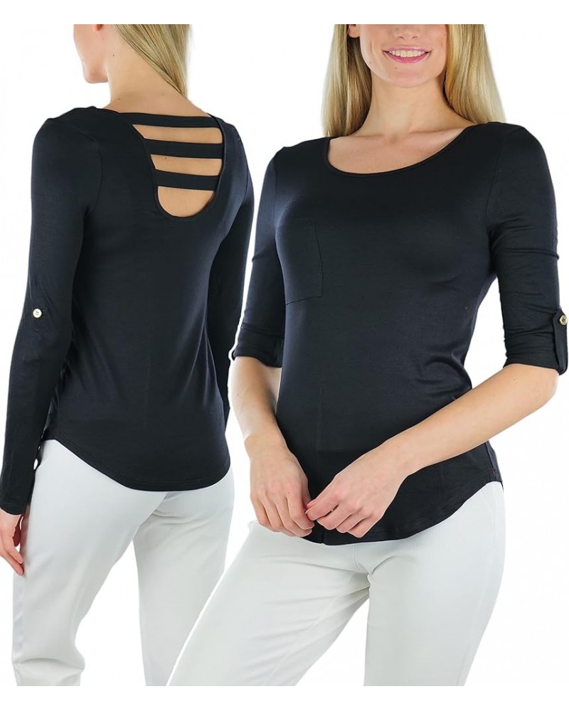 Junior Women's Slim Fit Long Sleeve Crew Neck Layering Cotton Top Ladder-back W/ Front Pocket - Black $9.51 T-Shirts