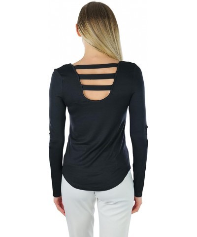 Junior Women's Slim Fit Long Sleeve Crew Neck Layering Cotton Top Ladder-back W/ Front Pocket - Black $9.51 T-Shirts