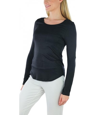 Junior Women's Slim Fit Long Sleeve Crew Neck Layering Cotton Top Ladder-back W/ Front Pocket - Black $9.51 T-Shirts