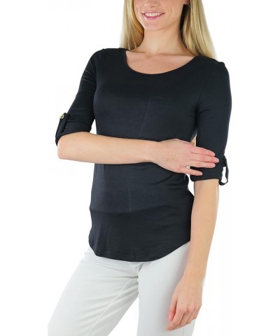 Junior Women's Slim Fit Long Sleeve Crew Neck Layering Cotton Top Ladder-back W/ Front Pocket - Black $9.51 T-Shirts