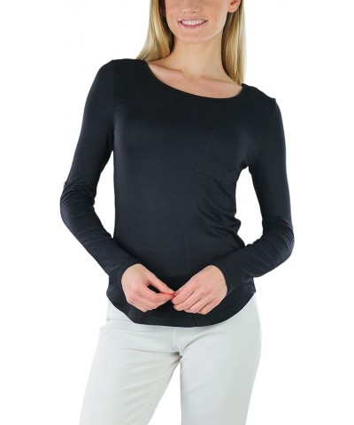 Junior Women's Slim Fit Long Sleeve Crew Neck Layering Cotton Top Ladder-back W/ Front Pocket - Black $9.51 T-Shirts