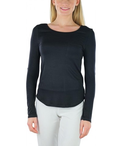 Junior Women's Slim Fit Long Sleeve Crew Neck Layering Cotton Top Ladder-back W/ Front Pocket - Black $9.51 T-Shirts