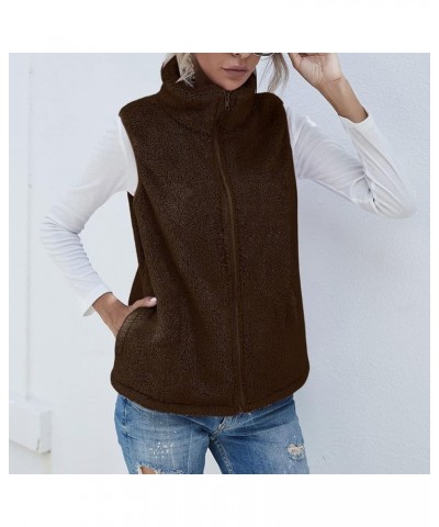 Women's Hooded Vest Plush Zip-Up Fleece Jacket Plus Size Casual Solid Color Sweatshirt Fuzzy Warm Jackets Brown $11.44 Vests