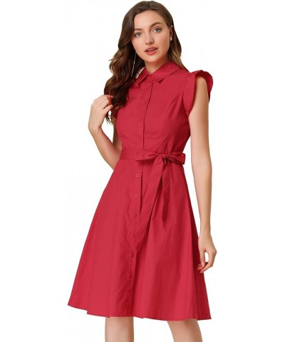 Women's Cotton Shirtdress Ruffled Sleeve Tie Waist Button Casual Office Dress Red $22.78 Dresses