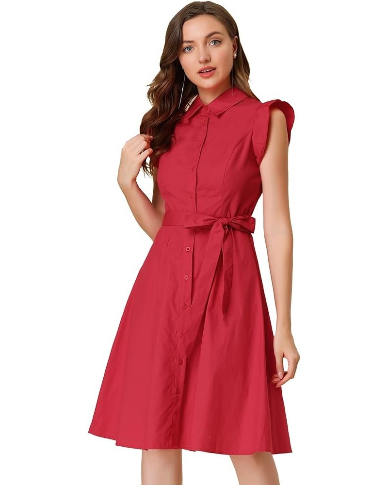 Women's Cotton Shirtdress Ruffled Sleeve Tie Waist Button Casual Office Dress Red $22.78 Dresses