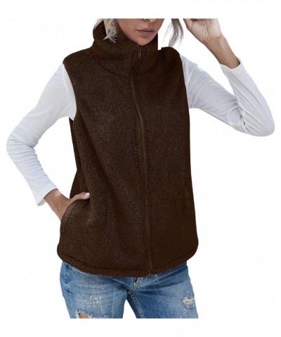 Women's Hooded Vest Plush Zip-Up Fleece Jacket Plus Size Casual Solid Color Sweatshirt Fuzzy Warm Jackets Brown $11.44 Vests