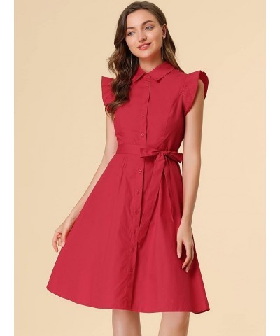 Women's Cotton Shirtdress Ruffled Sleeve Tie Waist Button Casual Office Dress Red $22.78 Dresses