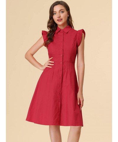 Women's Cotton Shirtdress Ruffled Sleeve Tie Waist Button Casual Office Dress Red $22.78 Dresses