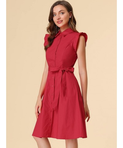 Women's Cotton Shirtdress Ruffled Sleeve Tie Waist Button Casual Office Dress Red $22.78 Dresses