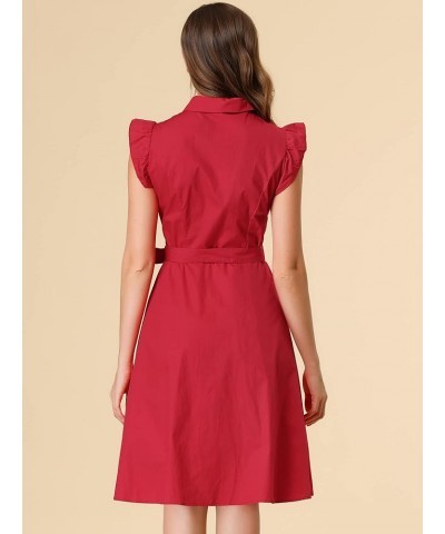 Women's Cotton Shirtdress Ruffled Sleeve Tie Waist Button Casual Office Dress Red $22.78 Dresses