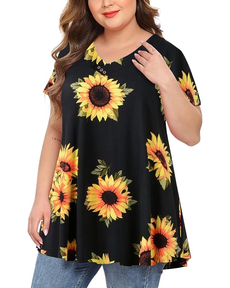 Womens Plus Size Short Sleeve V Neck Button Basic Tunic Tops Summer Swing Shirts Blouses for Leggings Black Sunflower $15.67 ...