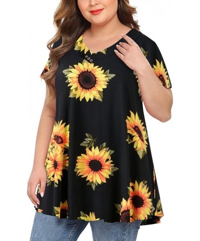 Womens Plus Size Short Sleeve V Neck Button Basic Tunic Tops Summer Swing Shirts Blouses for Leggings Black Sunflower $15.67 ...