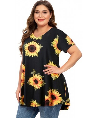 Womens Plus Size Short Sleeve V Neck Button Basic Tunic Tops Summer Swing Shirts Blouses for Leggings Black Sunflower $15.67 ...