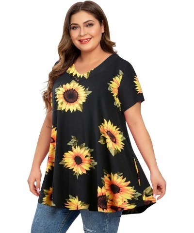 Womens Plus Size Short Sleeve V Neck Button Basic Tunic Tops Summer Swing Shirts Blouses for Leggings Black Sunflower $15.67 ...