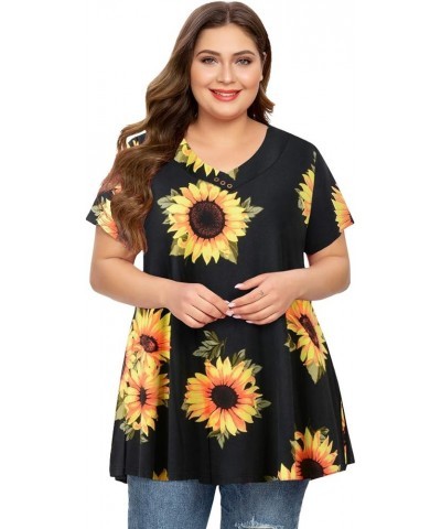 Womens Plus Size Short Sleeve V Neck Button Basic Tunic Tops Summer Swing Shirts Blouses for Leggings Black Sunflower $15.67 ...