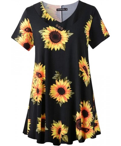 Womens Plus Size Short Sleeve V Neck Button Basic Tunic Tops Summer Swing Shirts Blouses for Leggings Black Sunflower $15.67 ...