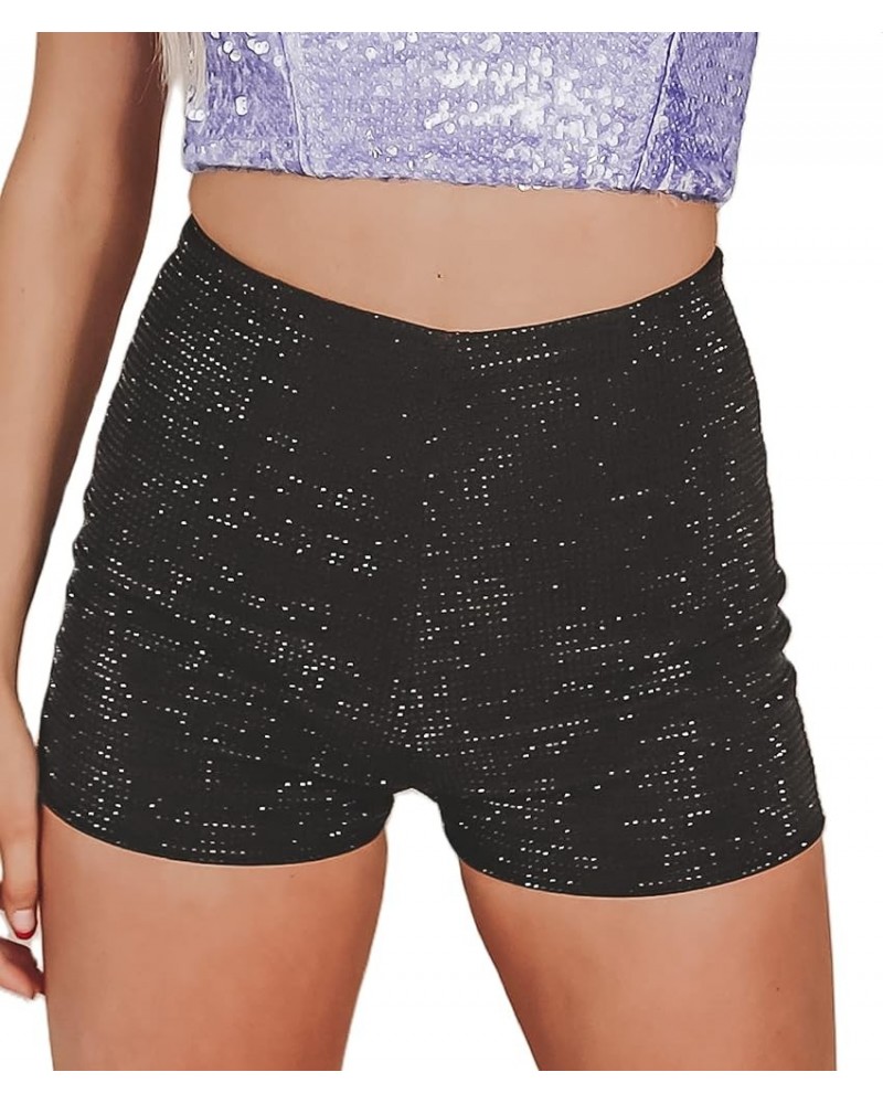 Women's Summer Sequins Shorts Mid Waist Elastic Band Sparkly Straight Leg Shorts Glitter Hot Pants for Party A Black $8.92 Sh...