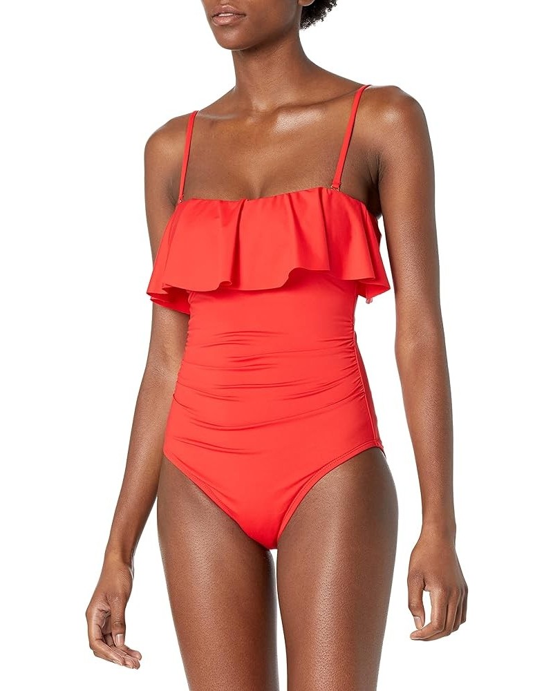 Women's Standard Island Goddess Ruffle Bandeau One Piece Swimsuit Cherry $67.50 Swimsuits