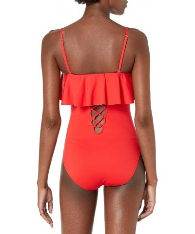 Women's Standard Island Goddess Ruffle Bandeau One Piece Swimsuit Cherry $67.50 Swimsuits