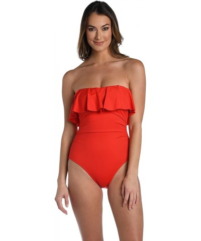 Women's Standard Island Goddess Ruffle Bandeau One Piece Swimsuit Cherry $67.50 Swimsuits