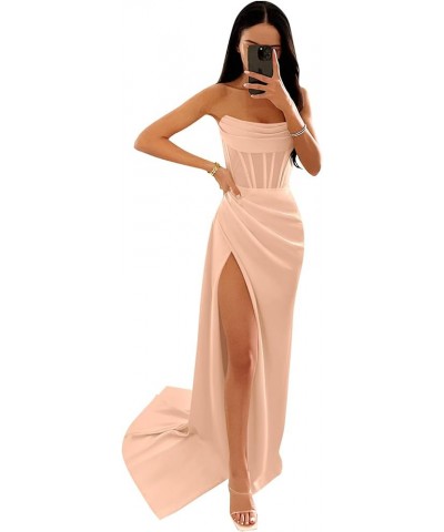 Cowl Neck Satin Prom Dresses for Women Corset Mermaid Bridesmaid Dresses Long with Slit Blush Pink $26.00 Dresses