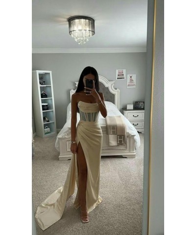 Cowl Neck Satin Prom Dresses for Women Corset Mermaid Bridesmaid Dresses Long with Slit Blush Pink $26.00 Dresses