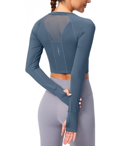 Women's Long Sleeve Crop Workout Tops Slim Fit Gym Yoga Running Shirts for Women Dusty Blue $17.09 Activewear