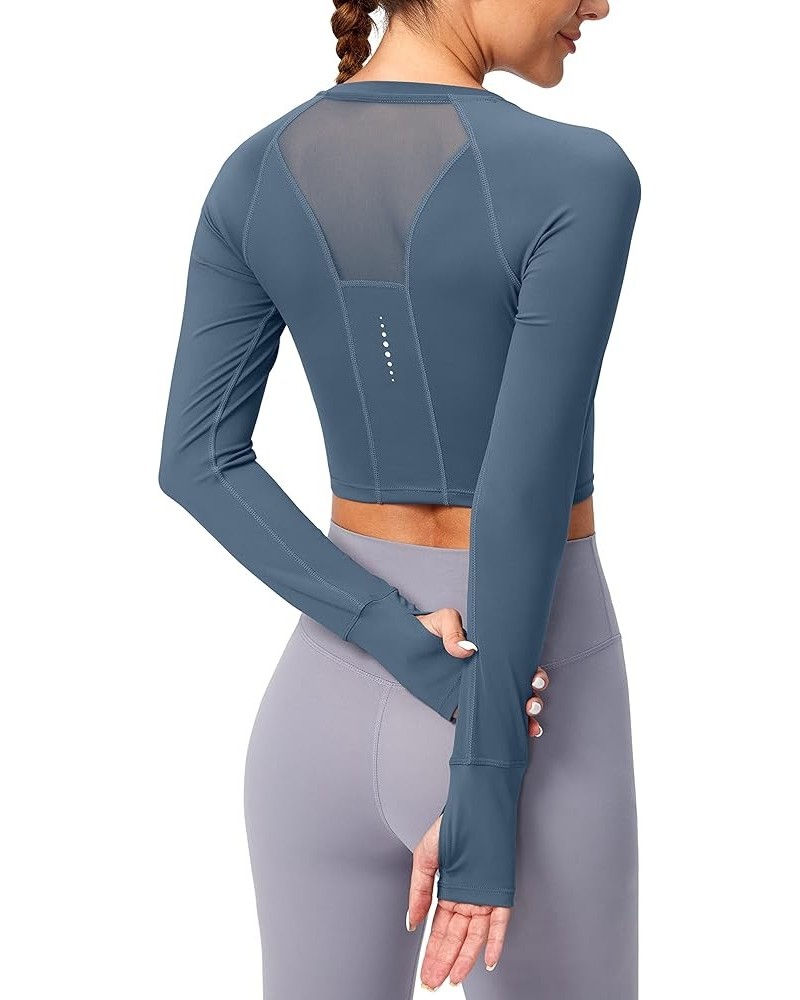 Women's Long Sleeve Crop Workout Tops Slim Fit Gym Yoga Running Shirts for Women Dusty Blue $17.09 Activewear