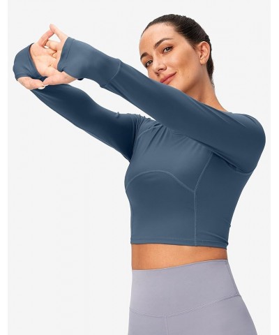 Women's Long Sleeve Crop Workout Tops Slim Fit Gym Yoga Running Shirts for Women Dusty Blue $17.09 Activewear