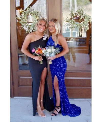 One Shoulder Sequin Prom Dresses Long Mermaid Glittery Backless Evening Party Gowns with Slit Wedding Blush $45.89 Dresses