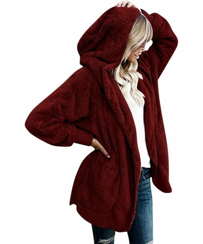 Fashion Outwear for Women Oversized Long Sherpa Coat Fuzzy Fleece Open Front Hooded Cardigan Jacket Faux Fur Outfit 02 Wine -...