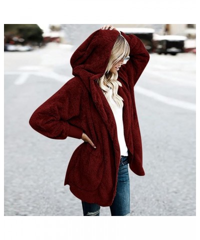 Fashion Outwear for Women Oversized Long Sherpa Coat Fuzzy Fleece Open Front Hooded Cardigan Jacket Faux Fur Outfit 02 Wine -...