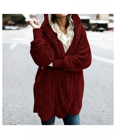 Fashion Outwear for Women Oversized Long Sherpa Coat Fuzzy Fleece Open Front Hooded Cardigan Jacket Faux Fur Outfit 02 Wine -...